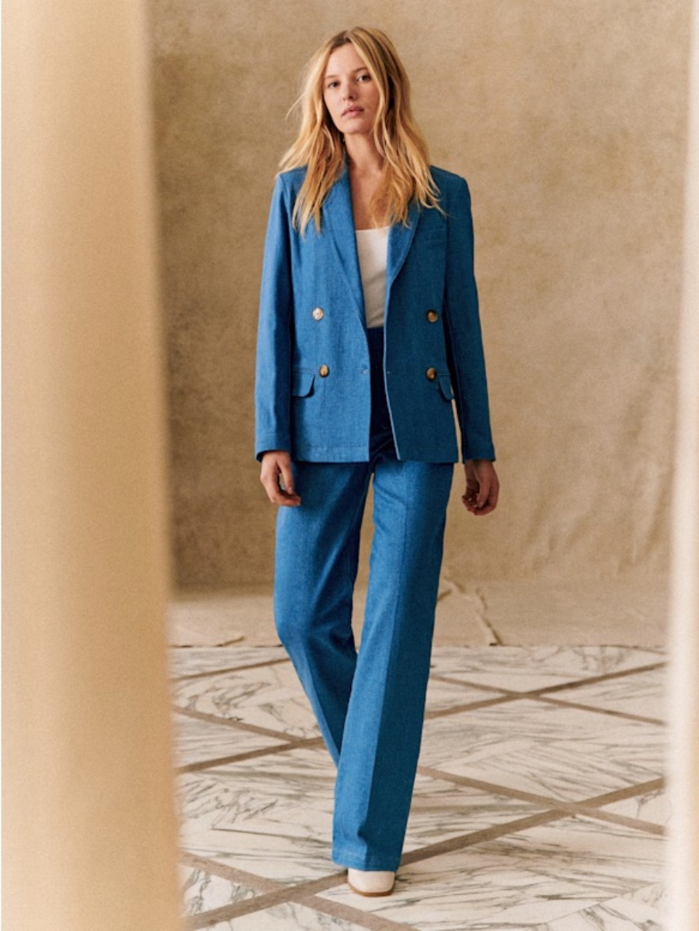 SEZANE NWT Blue Denim Cotton Double Breasted Lapels Blazer Christie Suit Jacket - Picture 17 of 17